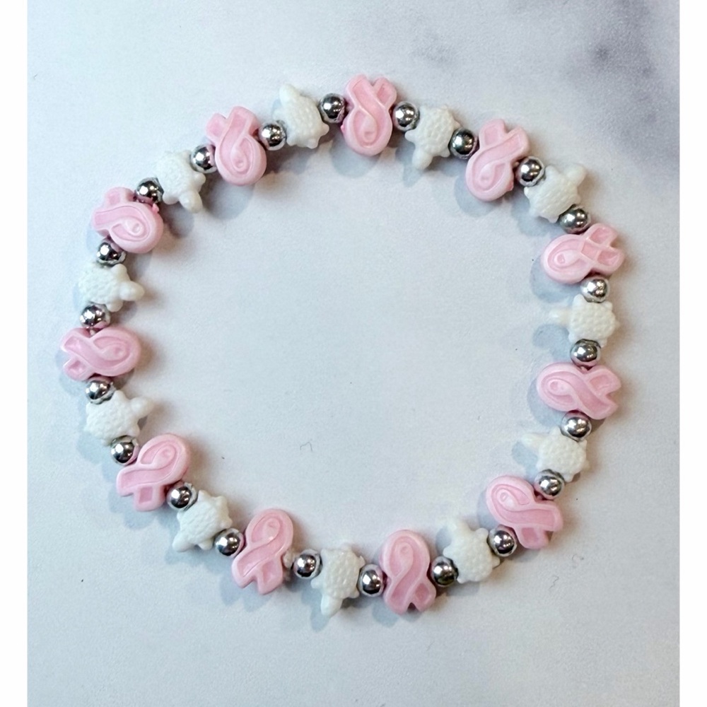 Pink Ribbon & White Turtle Beaded Stretch Bracelet